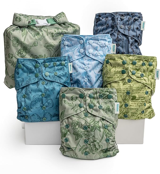 Kinder Cloth Diapers Reusable Baby Diapers Pocket Style Athletic Wicking Jersey, Wet Bag, Newborn to Potty Training 7-60lbs, One Size, Inserts NOT Included (Tranquil Garden, 5 Pack, Without Inserts)