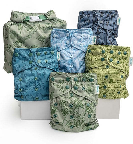 Kinder Cloth Diapers Reusable Baby Diapers Pocket Style Athletic Wicking Jersey, Wet Bag, Newborn to Potty Training 7-60lbs, One Size, Inserts NOT Included (Tranquil Garden, 5 Pack, Without Inserts)