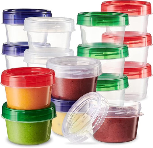 Elegant Disposables Baby Food Storage Containers 24 Pack, 4 ounce Colored Twist on Lids, Plastic, 1/2 Cup Small Freezer Storage Container