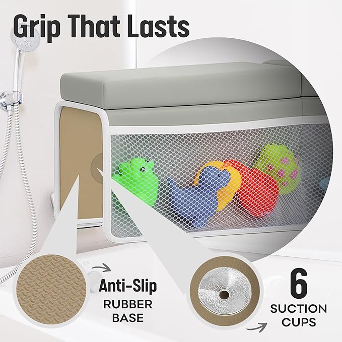 Bath Kneeler and Elbow Rest Pad Set – 26'' Extra Long 1.5” Thick Cushioned Kneeling Pad, Durable, Non-Slip Elbow Rest with Storage Pockets & 5 Bath Toys, Baby Bath Accessories Organizer