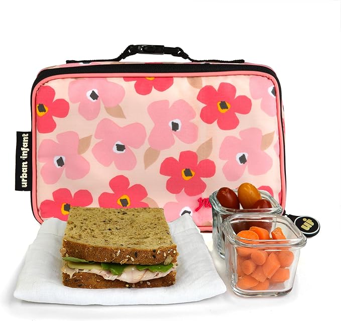 Urban Infant Yummie Kids Lunch Box Insulated Bag - Toddler Boys and Girls – Perfect for Daycare Preschool Travel Snacks – Allergy Alert Cards - Fits Bento Boxes - Poppies