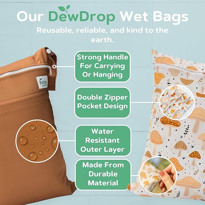 2-Pack Wet Bags – Waterproof Travel Bags for Cloth Diapers, Baby Essentials & Swimwear – Reusable Wet Dry Bag with Double Zipper & Handle for Diaper Bag & Beach Trips (Amber Cap)