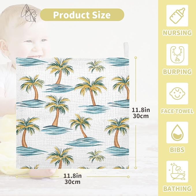 vvfelixl Baby Muslin Washcloths Beach Palm Trees Baby Burp Cloths Cotton Babys Face Towel for Newborn Infants Boys Girls Soft and Absorbent 11.8 X 11.8 in, 3 Pack