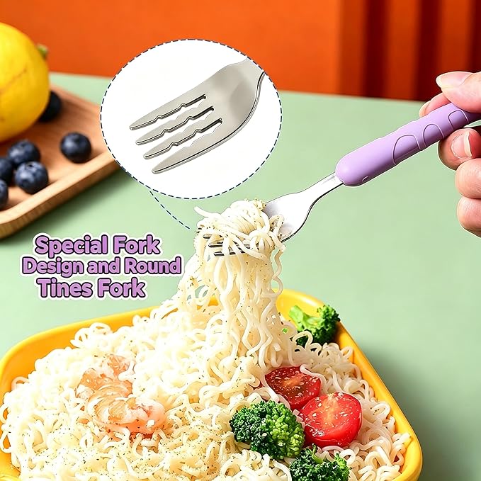 2-Piece Kid Utensils Set, 304 Stainless Steel Kids Fork and Spoon for Self-feeding, Safe Kid Silverware with storage case for School Lunch, Travel & Outdoors, Dishwasher Safe (Purple)
