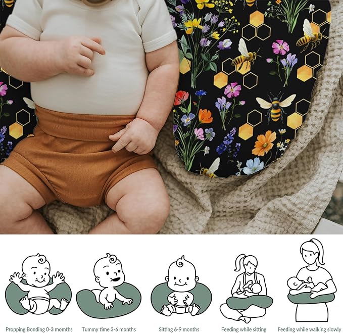 Boho Wildflower Bees Honeycomb Baby Nursing Pillow Covers for Boy Girl Watercolor Honeybee Floral Nursing Slipcovers for Breastfeeding Pillows Summer Soft Stretchy Removable Cover for Newborn Infant
