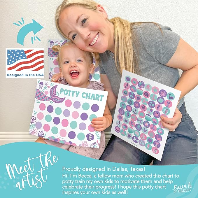 Hadley Designs Potty Training Chart for Toddlers Girls -10 Sticker Potty Chart for Toddlers Girls, 8.5x11" Potty Training Sticker Charts for Toilet Success, Mermaid Toddler Reward Chart for Kids