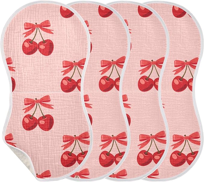 Cherry Bow Pinks Burp Cloths Baby Boys Girls Absorbent Soft Cotton Burping Cloths Rags, 4 Pack