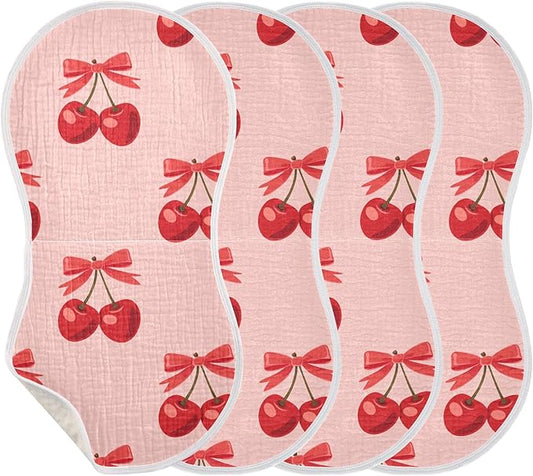 Cherry Bow Pinks Burp Cloths Baby Boys Girls Absorbent Soft Cotton Burping Cloths Rags, 4 Pack