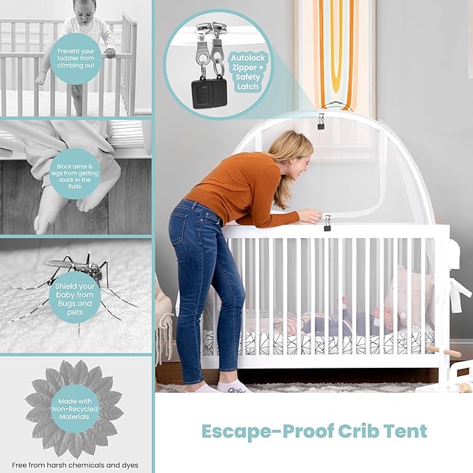 Crib Tent to Keep Baby from Climbing Out – Breathable Pop-Up Crib Net to Keep Baby in, Anti-Climb Safety Cover with Auto-Lock Zipper, Easy Install Fits Standard Cribs
