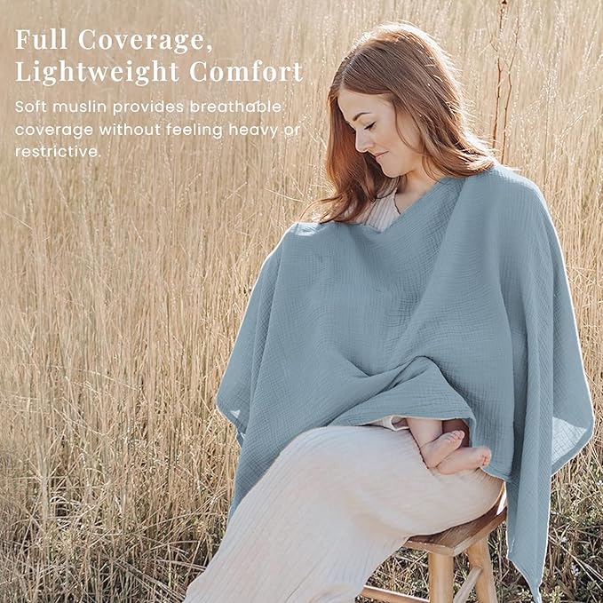 Konssy Muslin Nursing Cover for Breastfeeding, 360° Full Privacy Breathable 100% Cotton Breastfeeding Cover, Multi-use Carseat Canopy(Blue)
