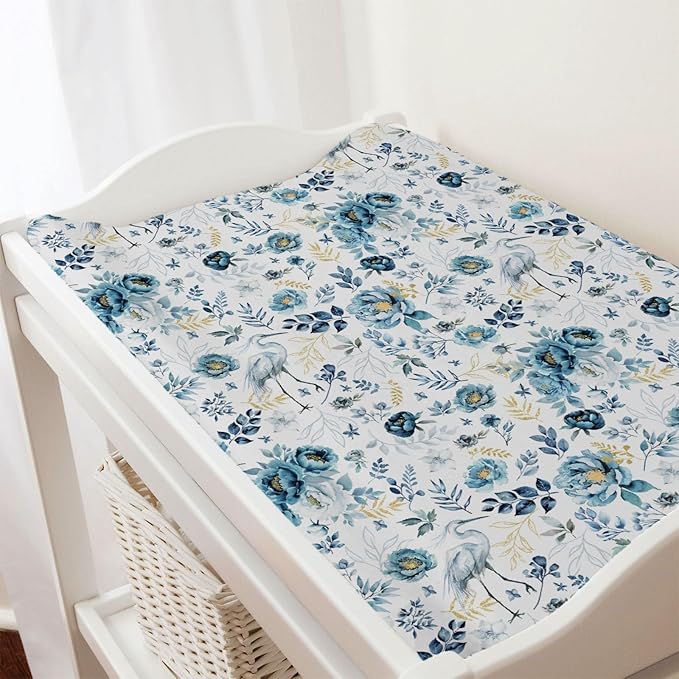 Watercolor Crane Blue Flowers Changing Pad Covers Birds Boho Retro Floral Leaves Diaper Changing Pad Table Sheets for Boy Girl Soft Breathable Stretch Fitted Baby Changing Table Mats Covers 32''x16''