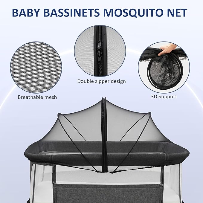 Bassinet Mosquito Net Cover to Keep Cats & Bugs Out for Baby, Two-Way Zipper, Portable Bassinet Cover with Storage Bag, Breathable Baby Mosquito Net for Travel Crib, Black