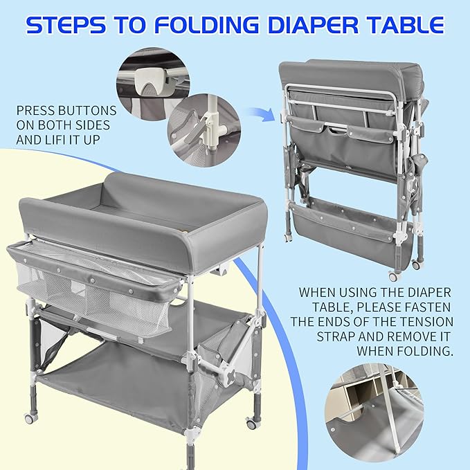 PEEKABU Portable Foldable Baby Changing Table Dresser Waterproof Diaper Changing Station with Wheels, Adjustable Height Changing Table Station Mobile Nursery Organizer for Newborn and Infant, Grey