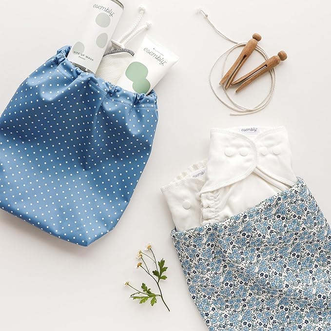 Esembly Ditty Bag Duo - Reusable Waterproof Wet Bags for Cloth Diapers, Swimsuits, Toiletries, and Snacks, Set of 2 - Forget-me-not + Penny Dot