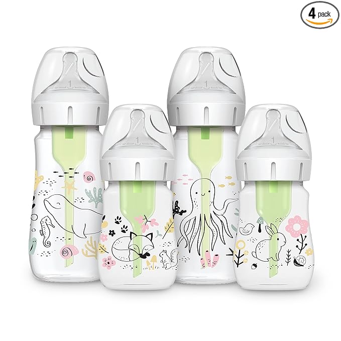 Dr. Brown's Anti-Colic Options + Wide-Neck Baby Bottle Designer Edition, Woodland, 5 oz/150 mL + Ocean, 9oz/270mL, Level 1 Slow Flow Nipple, 0m+, 4-Pack