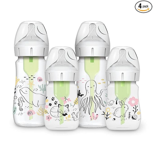 Dr. Brown's Anti-Colic Options + Wide-Neck Baby Bottle Designer Edition, Woodland, 5 oz/150 mL + Ocean, 9oz/270mL, Level 1 Slow Flow Nipple, 0m+, 4-Pack