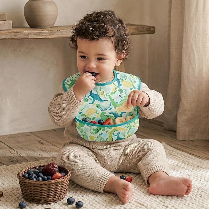 3-Pack Waterproof Baby Bibs for Eating - Mess Proof Lightweight Toddler Feeding Bibs with Large Food Catcher, Food-Grade Baby Eating Essentials, Easy to Put On & Clean(Green Animals)