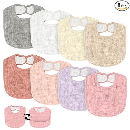 Drool Bibs for Baby Girls & Boys, 8 Pack Baby Muslin Bibs for Drooling and Teething with Hidden Pocket, Soft Cotton, Extra Absorbent, Mess-proof, for Toddler, Newborn, Infant