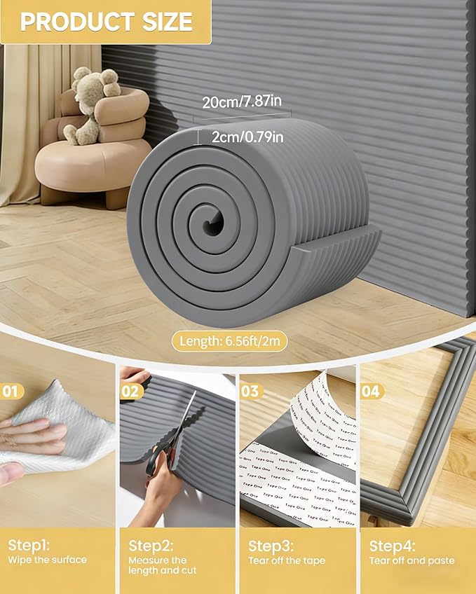 7.9''W Extra-Wide Edge Protector, 6.56FT 0.79''Th Baby Proofing Corner Guards, Safety Furniture Bumper, Pre-Taped, Thick Soft Rubber Foam Padding for Fireplace Table Stair Cabinet (Grey)