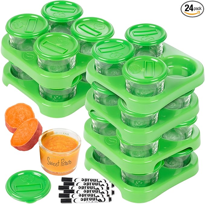 Glass Baby Food Containers (24 Pack) - 2oz Jar Container Includes Lids, Storage Tray, Dry-Erase Marker to Write On Lids - Microwave, Freezer, Dishwasher Safe - BPA & Phthalate Free Baby Food Storage