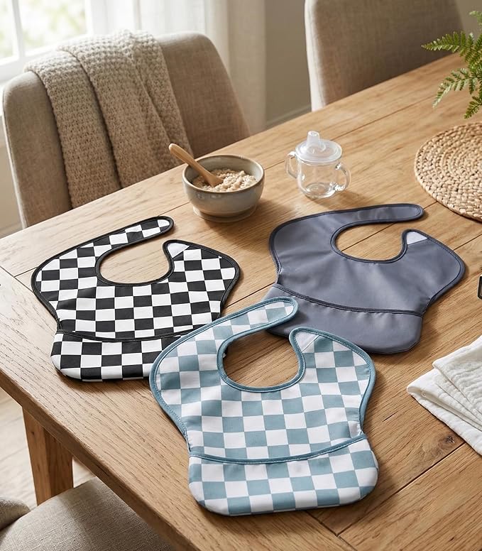 3-Pack Waterproof Baby Bibs for Eating - Mess Proof Lightweight Toddler Feeding Bibs with Large Food Catcher, Food-Grade Baby Eating Essentials, Easy to Put On & Clean(Black Cherkerd)