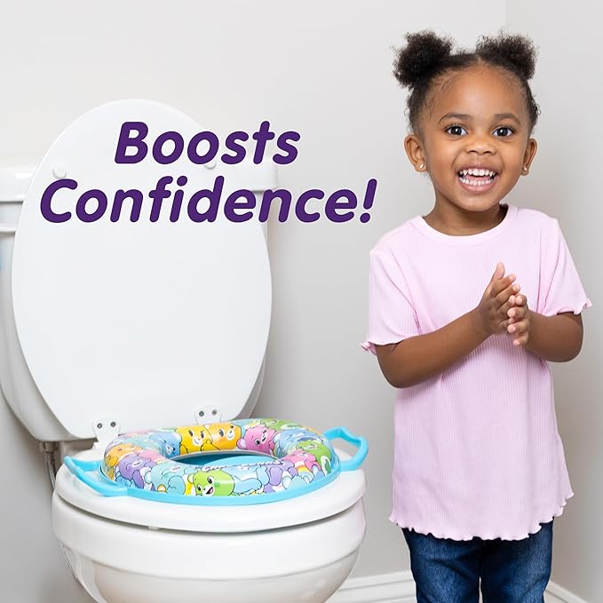 Care Bears Soft Potty Training Seat for Toilet with Storage Hook, Non-Slip Potty Ring with Splash Guard, Built-in Handles for Toddlers