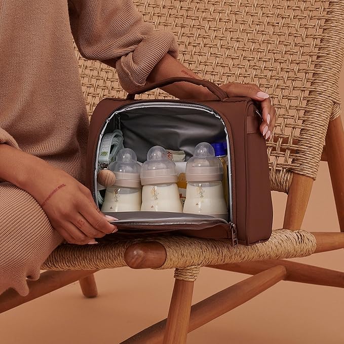 JuJuBe Insulated Bottle Bag, Breastmilk Cooler Fits 3 Baby Bottles, Storage Tote for Nursing Mom, Daycare & Travel, Lunch Bag w/Handle & Shoulder Strap (Espresso)