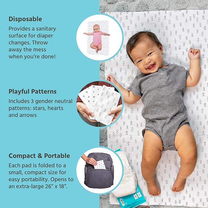 J.L. Childress Healthy Habits Disposable Changing Pads for Babies - Diaper Changing Table Covers, Baby Travel Essentials, Absorbent Liner Pads, Leak-Resistant, 26"x18" - Stars/Hearts/Arrows, 24 Count