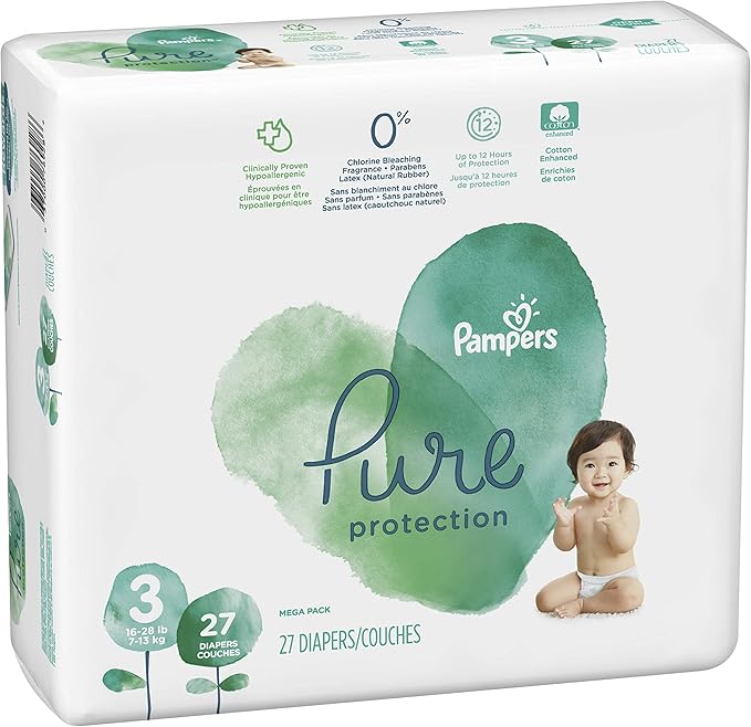 Diapers Size 3, 27 Count - Pampers Pure Protection Disposable Baby Diapers, Hypoallergenic and Unscented Protection, Mega Pack (Old Version)