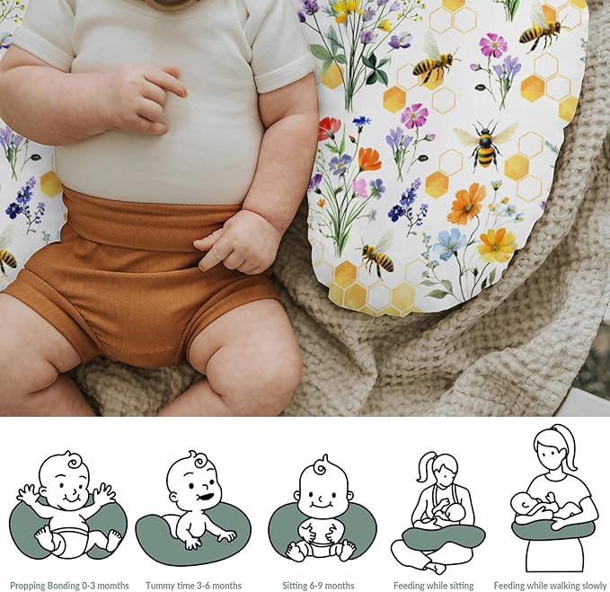 Boho Wildflower Bees Honeycomb Baby Nursing Pillow Covers for Boy Girl Watercolor Honeybee Floral Nursing Slipcovers for Breastfeeding Pillows Summer Soft Stretchy Removable Cover for Newborn Infant