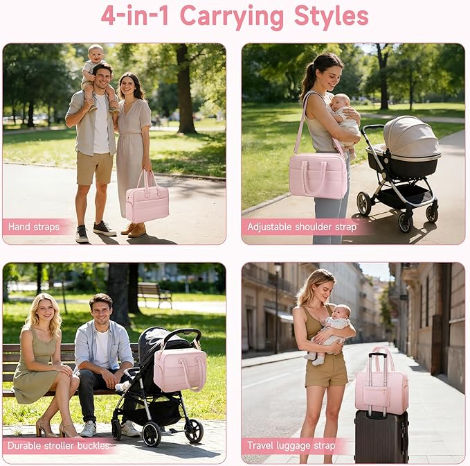 Breast Pump Bag with Insulated Breast Milk Cooler Pocket, Fits Spectra S1/S2 & Most Pumps, Water‑Resistant Work & Travel Tote with 15.6" Laptop Sleeve, Stroller Straps, Luggage Sleeve & Ice Pack, Pink