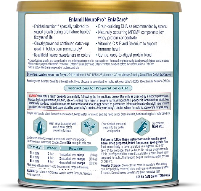 Enfamil NeuroPro EnfaCare High Calorie Premature Baby Formula, Milk-Based with Iron, Brain-Building DHA, Vitamins & Minerals for Immune Support, added easy-to-digest proteins, Baby Milk, 13.6 Oz Can