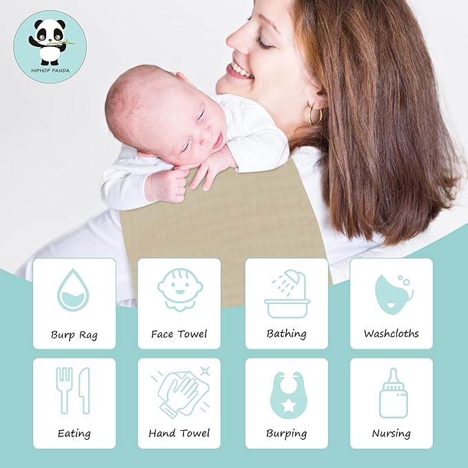 HIPHOP PANDA 10 Pack 6-Layers Muslin Burp Cloths Large - Durable 100% Cotton - Extra Absorbent and Soft Boys & Girls Rags for Newborn Registry (Ivory+Brown+Green+Grey+Slate, 20" X10")