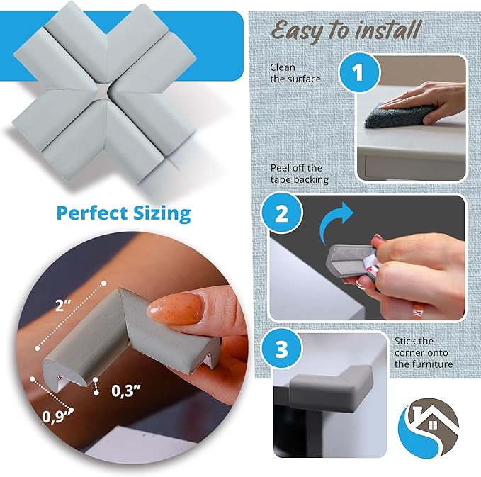 8-Pack Baby Proofing Corner Guards, Soft Rubber Corner Protectors for Furniture, 3M Adhesive Pre-Taped Corner Bumper Guards, Child Proof Safety for Fireplace, Table, Cabinet & Stairs, Grey