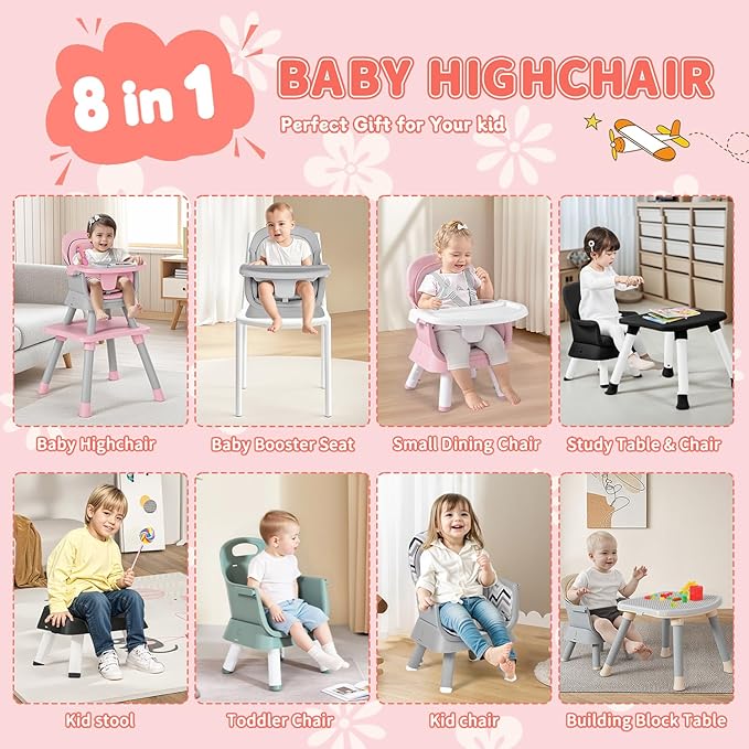 Kinder King 8 in 1 Baby High Chair, Coverts to Dining Booster Seat/Kids Table & Chair Set/Toddler Building Block Table/Kids Stool, Removable Tray & Double Seat Cover, Easy to Wipe, Grey & Pink