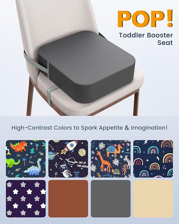 Booster Seat for Kitchen Chair – Toddler Booster Seats for Dining Table with 2 Secure Buckle Straps, PU Leather Booster Cushion Foam Chair for Baby Kids, Portable & Easy to Clean (Dark Grey)