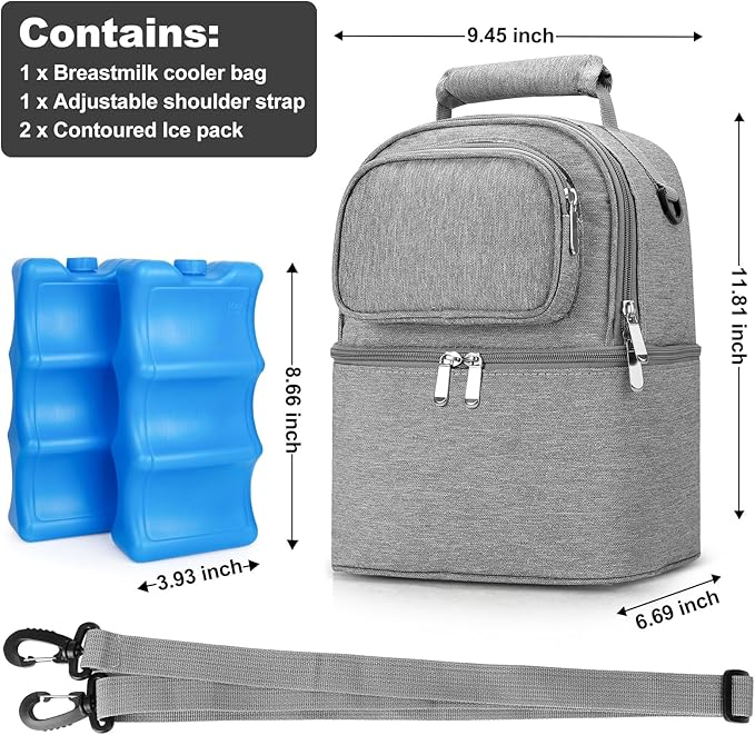 Sanchamy Breastmilk Cooler Bag with Ice Pack, Double Deck Breast Milk Storage for Breastfeeding, Nursing, Daycare, Insulated Lunch Bag with Strap