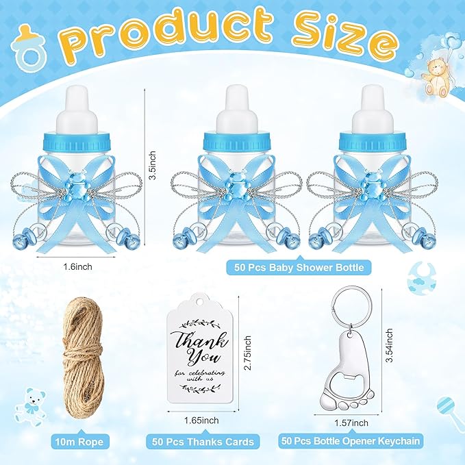 Sunnyray 150 Pcs Baby Shower Party Gift Bottles Games 50 Mini Milk Baby Bottles 50 Footprint Bottle Openers 50 Thank You Tag for Girl Boy Baby Shower Party Guest Return Gifts(Blue, Silver)