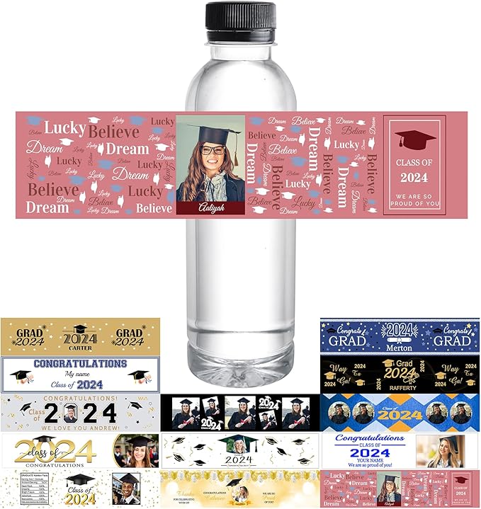 Personalized Water Bottle Labels Graduation Custom Graduation Labels with Name for Water Bottle Stickers Waterproof Printable Photo Bottle Labels Graduation Gifts 50 Pcs