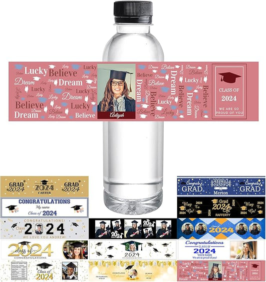 Personalized Water Bottle Labels Graduation Custom Graduation Labels with Name for Water Bottle Stickers Waterproof Printable Photo Bottle Labels Graduation Gifts 50 Pcs