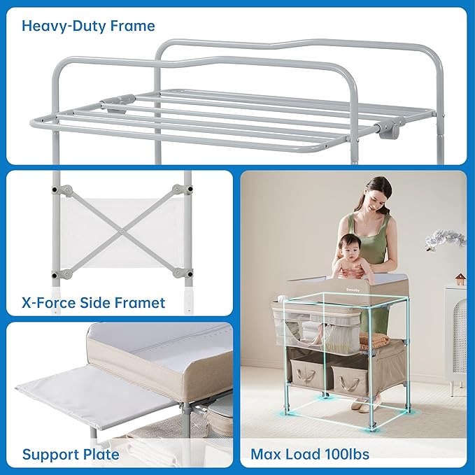 Sweeby Portable Baby Changing Table, Foldable Diaper Changing Station with Waterproof Pad, Mobile Nursery Organizer for Infant & Newborn Essentials, Oat
