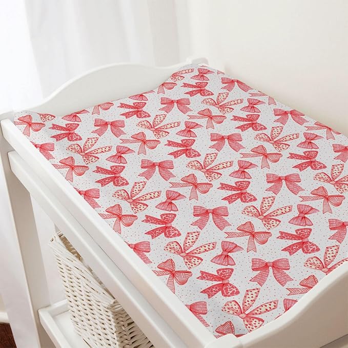 Red Valentine's Bows Baby Changing Pad Covers for Girls 32''x16'' Girly Red Hair Bows Fitted Diaper Change Table Pad Mats Valentine Hearts Love Soft Breathable Nursery Cradle & Bassinet Sheets Red