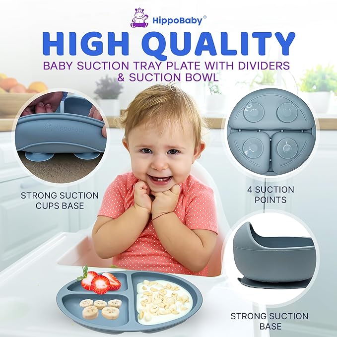 HippoBaby Baby Led Weaning Supplies | 10 Piece Silicone Baby Feeding Set | Baby Toddler Bib Cup Divided Plate and Bowl Self Feeding Spoons Dish Set | Baby Utensils | Toddler Feeding Supplies (Sky)