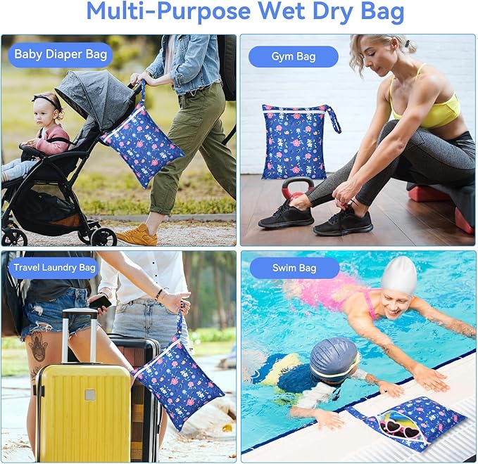 OTraki 3 Pack Waterproof Wet Dry Bag with Zippered & Handle Reusable Wet Clothes Bag Baby Cloth Diaper Wet Bags for Swimming Travel Beach Pool Gym,Drying Do Not Exceed 176℉ (Flower Pattern)