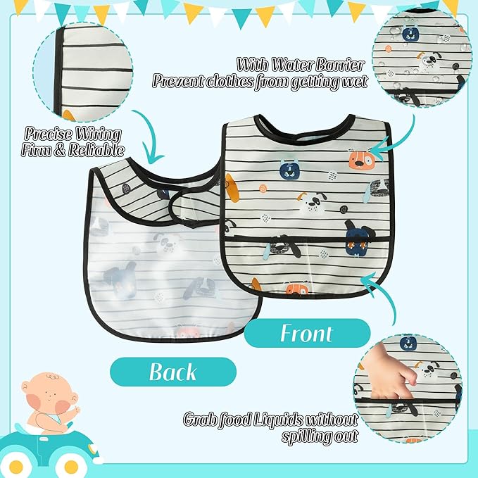 6Pcs Waterproof Toddler Bibs Baby Feeding Bib Set with Crumb Catcher Pocket, Infant Adjustable Baby Teething Bib, Babies Sleeveless Vehicles Food Bibs Keepsake Gift for Baby Shower, 6-24 Months