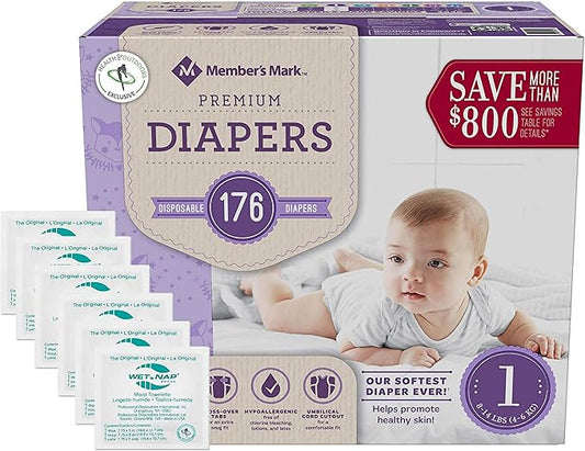 HAO M Mark Premium Baby Diapers - Size 1 (8-14 lbs) 176 Count W/Moist Towelettes
