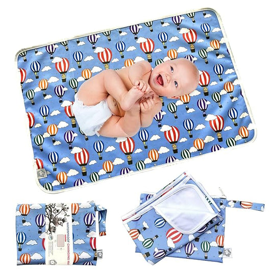 Flockthree Waterproof Baby Changing Pad with Storage Bag (43.3" X 28.7") Washable Wipeable Reusable Leak Proof Diaper Travel Mat Station Changing Mattress Liner Cribs Bed Cover, Flying Animals