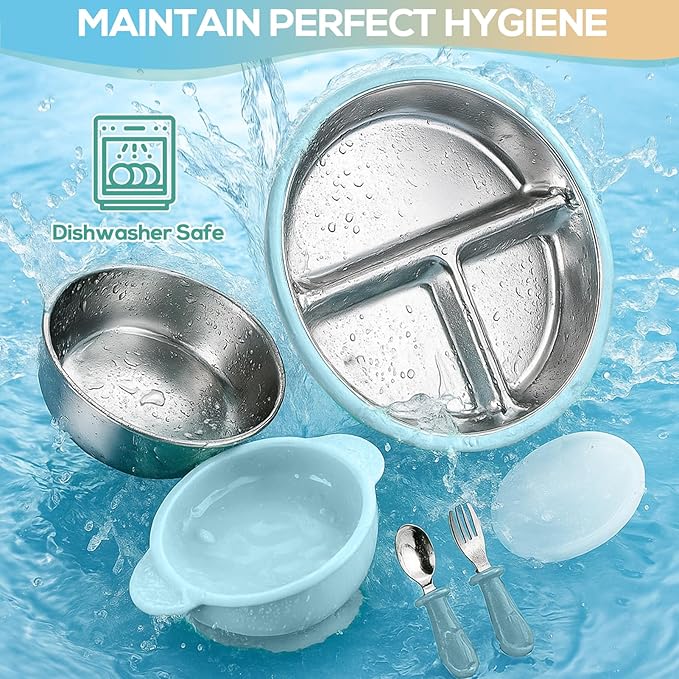 Mity rain Stainless Steel & Silicone Toddler Plates and Bowls Set with Suction,5-Piece Suction Plates & Bowls for Toddler,Removable Shell,Silicones Baby Plates for Independent Eating(Light Blue) ﻿