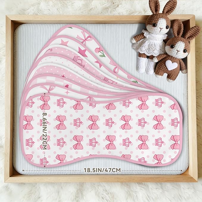 8 Pack Burp Cloths Organic Cotton, Pink Bows Baby Burp Cloths Girls, Absorbent Baby Burping Cloth, Soft Burping Cloth Set for Feeding, New Mom Gifts for Newborns Essentials Gift Set, 19”x9”