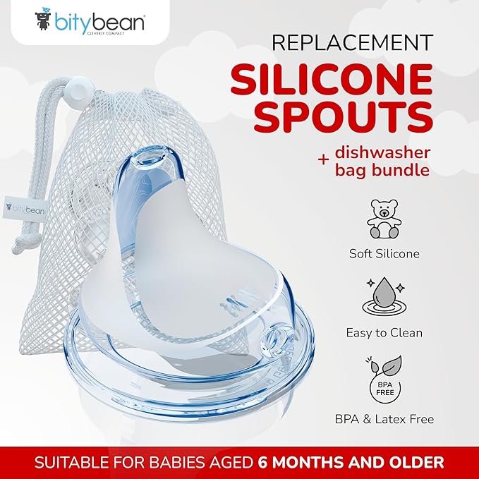 BityBean - NUK Nipple Replacement Spouts, Clear Silicone, Pack of 10 with Dishwasher Safe Mesh Bag - Fits NUK Bottle (10)